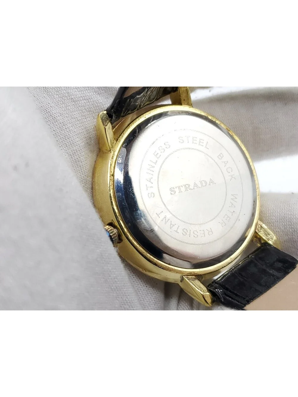Strada Prisim Gem Quartz Watch Women New Battery Gold Tone Rhinestone Bezel 43mm